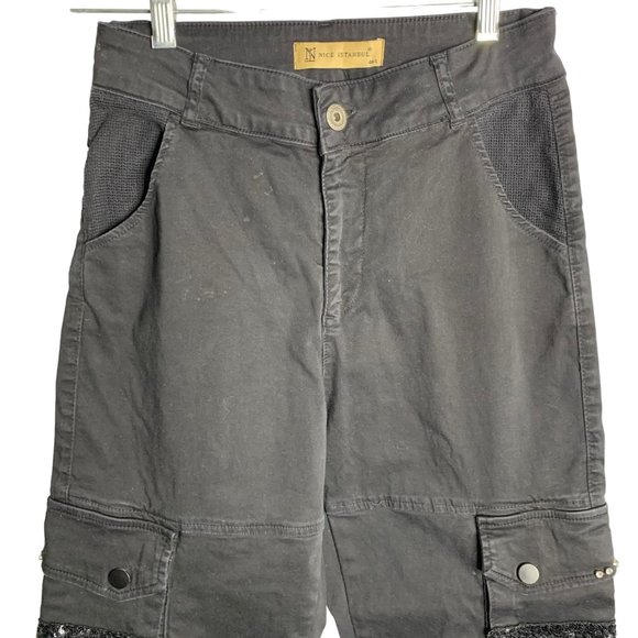 Nice Istanbul Cargo Jogger Pants 26 Black Embellished Pockets Sequins Stretchy - Picture 2 of 6